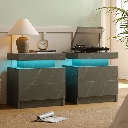 Juego de 2 mesitas de noche LED, juego de 2 mesitas de noche modernas, tiras de luz LED multicolor, cajón deslizante, almacenamiento de gran