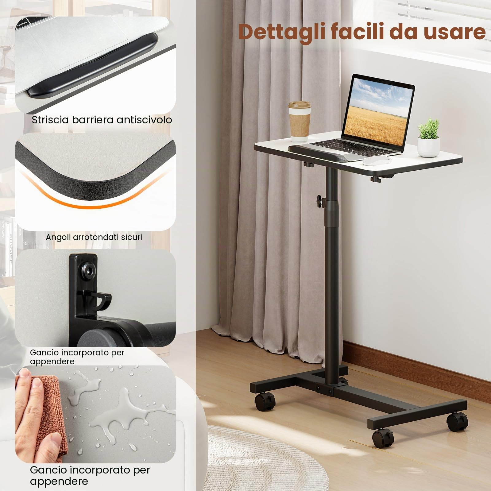 LIFEZEAL Tavolino da Letto, Divano per Mangiare, Porta PC, Tavolo Laterale Servitore, Altezza Regolabile, Piano Inclinabile e Girevole, con Ruote, Barra Anticaduta, per Anziani, Disabili, Grigio