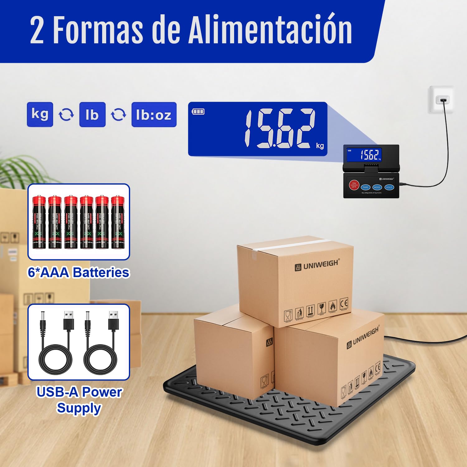 UNIWEIGH Báscula digital para paquetes, 10 g, precisión para paquetes con pantalla LCD retroiluminada, plataforma de acero aleado, funcionamiento por USB A/batería, tara/Hold/Auto-Off, báscula de