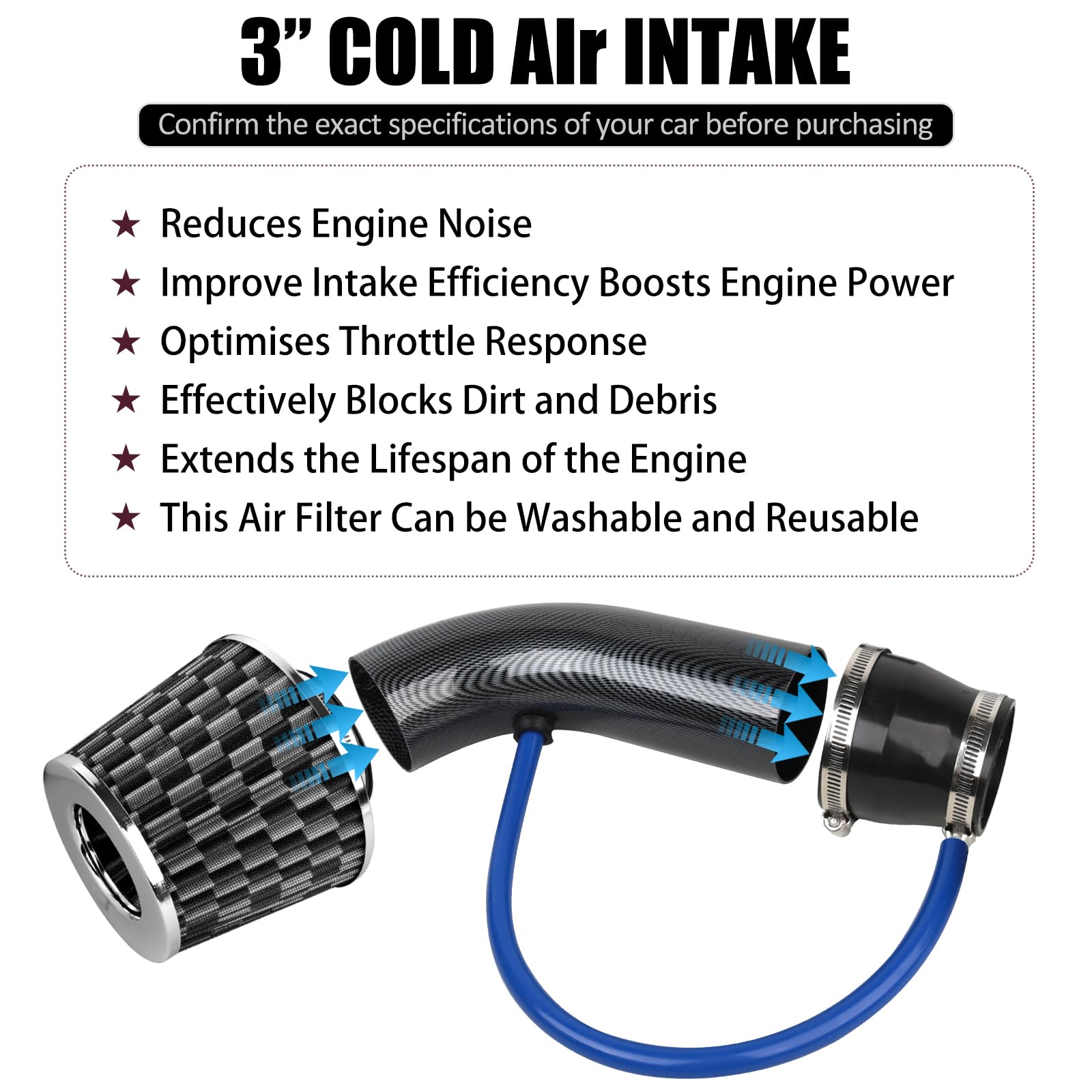 Catekro 76mm Kit Filtro Aria Auto Universale, 3 Pollici Filtro Sportivo | Filtro Aspirazione Dinamico a Cono, Sistema di Aspirazione Fredda ad Alta Potenza, Alto Flusso, Lavabile (Nero)