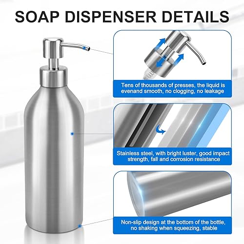 Miniatura 4 de Dispensador grande de jabón para platos, botella de jabón de acero inoxidable cepillado de 25.5 onzas con bomba antioxidante a prueba de fugas,