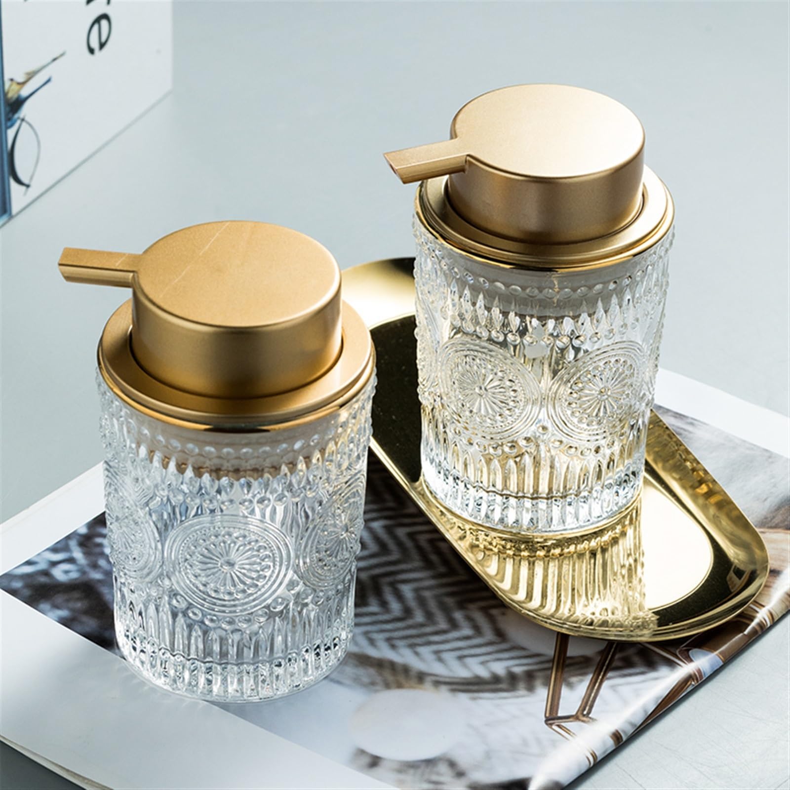 Dispenser Sapone Dispenser Di Sapone Confezione Da 2, Dispenser Di Sapone for Le Mani In Vetro Spesso Dal Design Antico Con Vassoio Robusto Dorato, Dispenser Di Sapone In Vetro for Cucina, Bagno Sapon