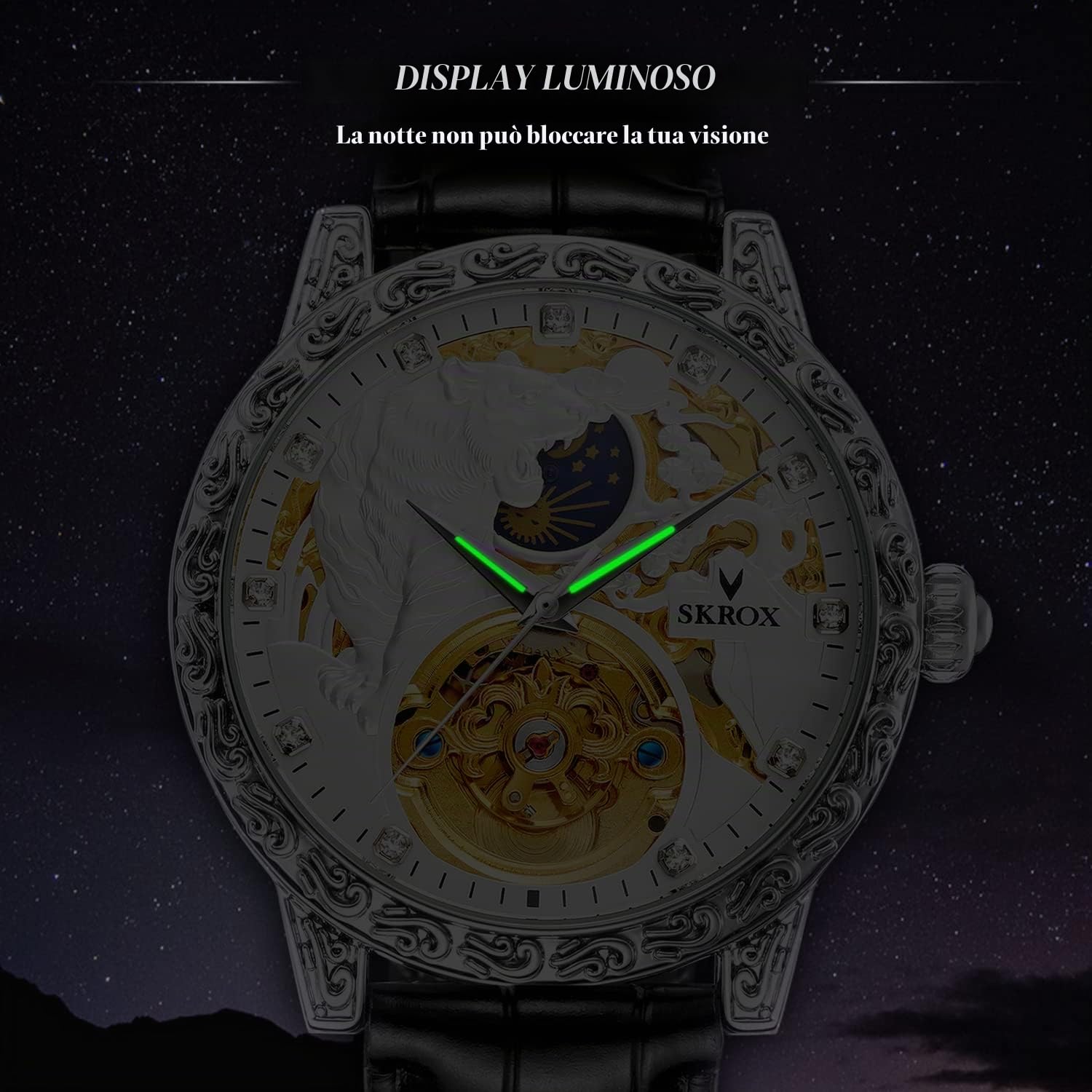 FORSINING Orologio da uomo di lusso, scheletro, fasi lunari, automatico, a carica automatica, con cinturino in vera pelle