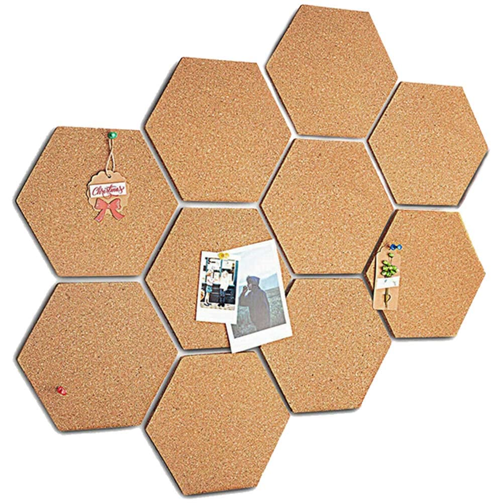 BAKAJI Set 10 PZ Bacheca Lavagna di Sughero Esagonale Adesiva Decorazione Casa Arredamento Ufficio Design Moderno per Parete Muro Con Puntine Dimensione 15x17 cm