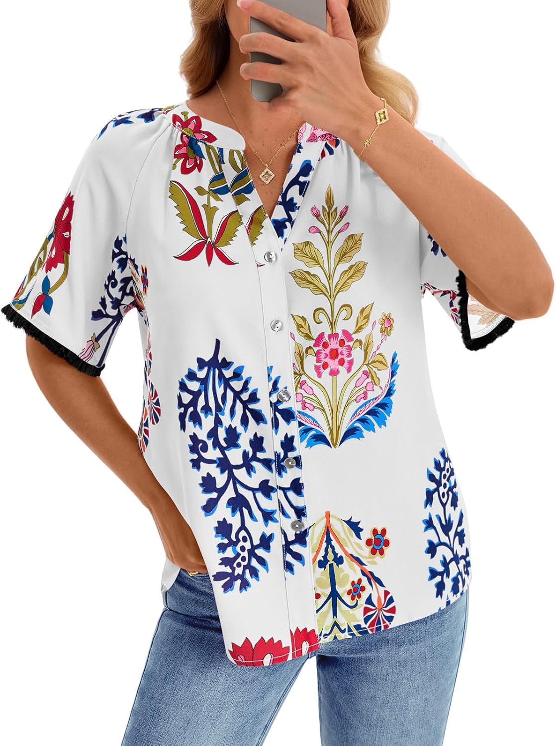 Yousify Button Down Shirts for Women Short Sleeve Boho Tops V Neck Dressy Blouses Summer Casual Outfits