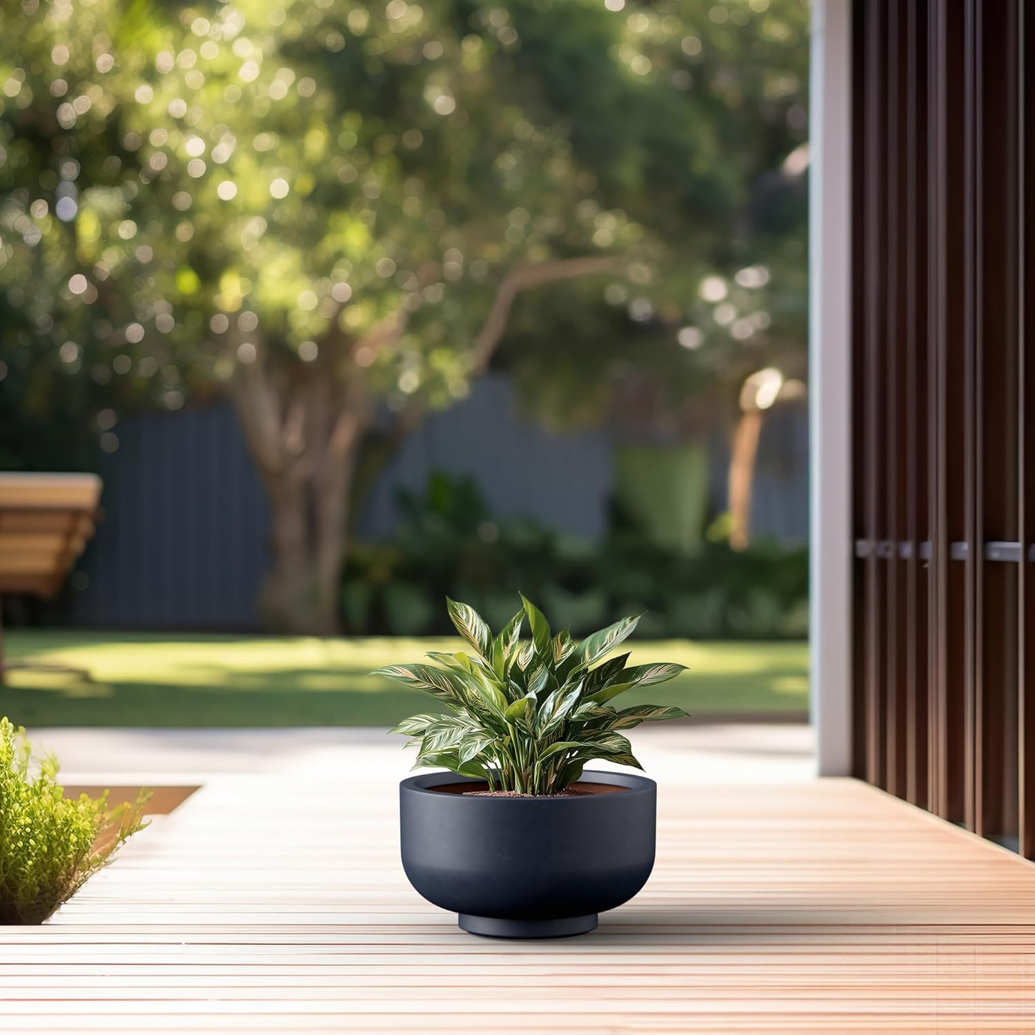 Kante 13.8 Inch Dia Concrete Bowl Planter, Large Tapered Bottom Plant Pot with Drainage, Smooth Charcoal Finish with Painted Interior, Ideal for Porch, Home, Garden, Patio