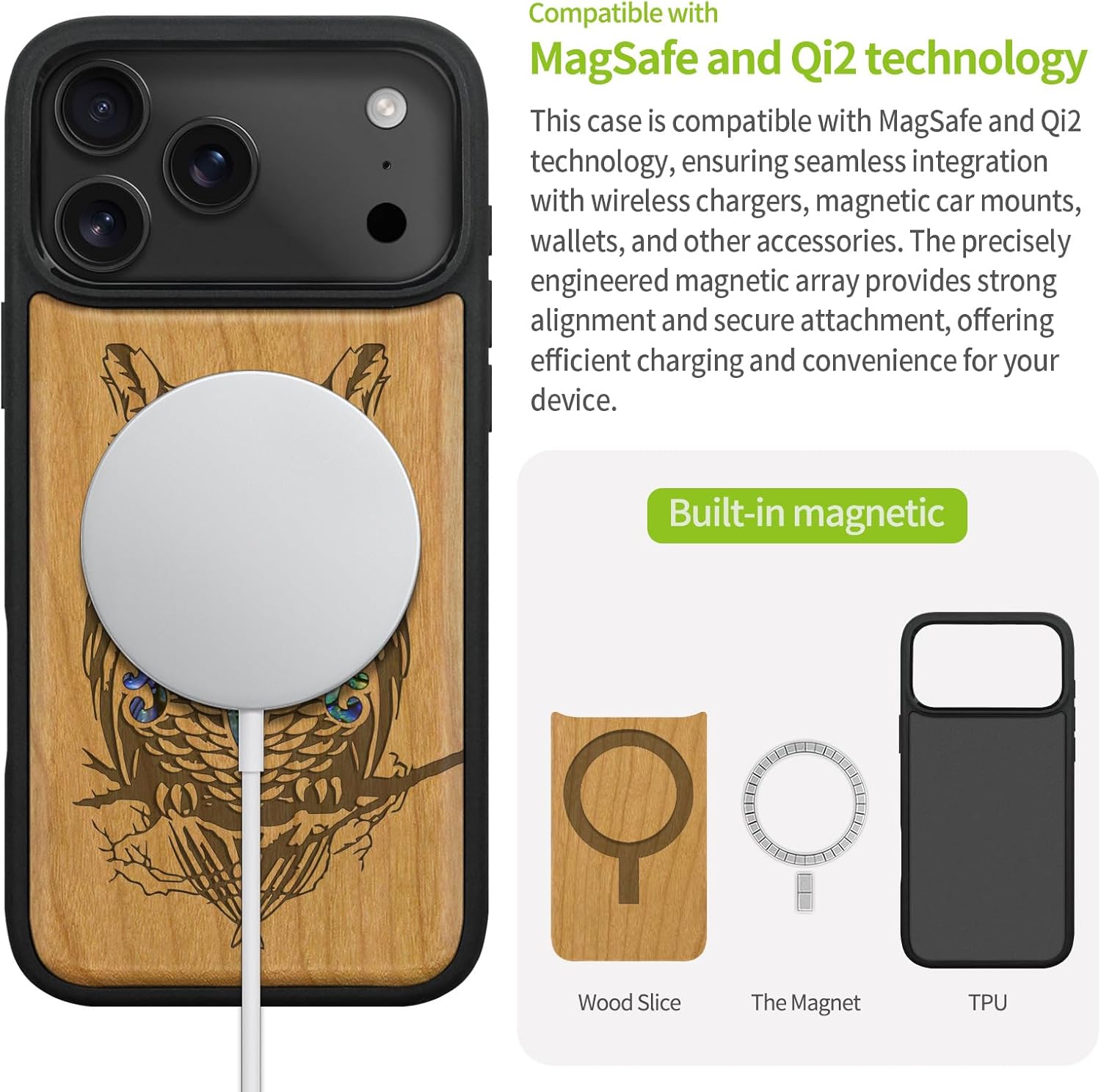 Carveit Magnetic Case for iPhone 17 Pro Case, Wood Artisan Engraved & Handmade Shell Inlaid, TPU Shockproof Cover, Compatible with MagSafe Wireless Chargers (an Owl Perched on a Branch-Cherry)