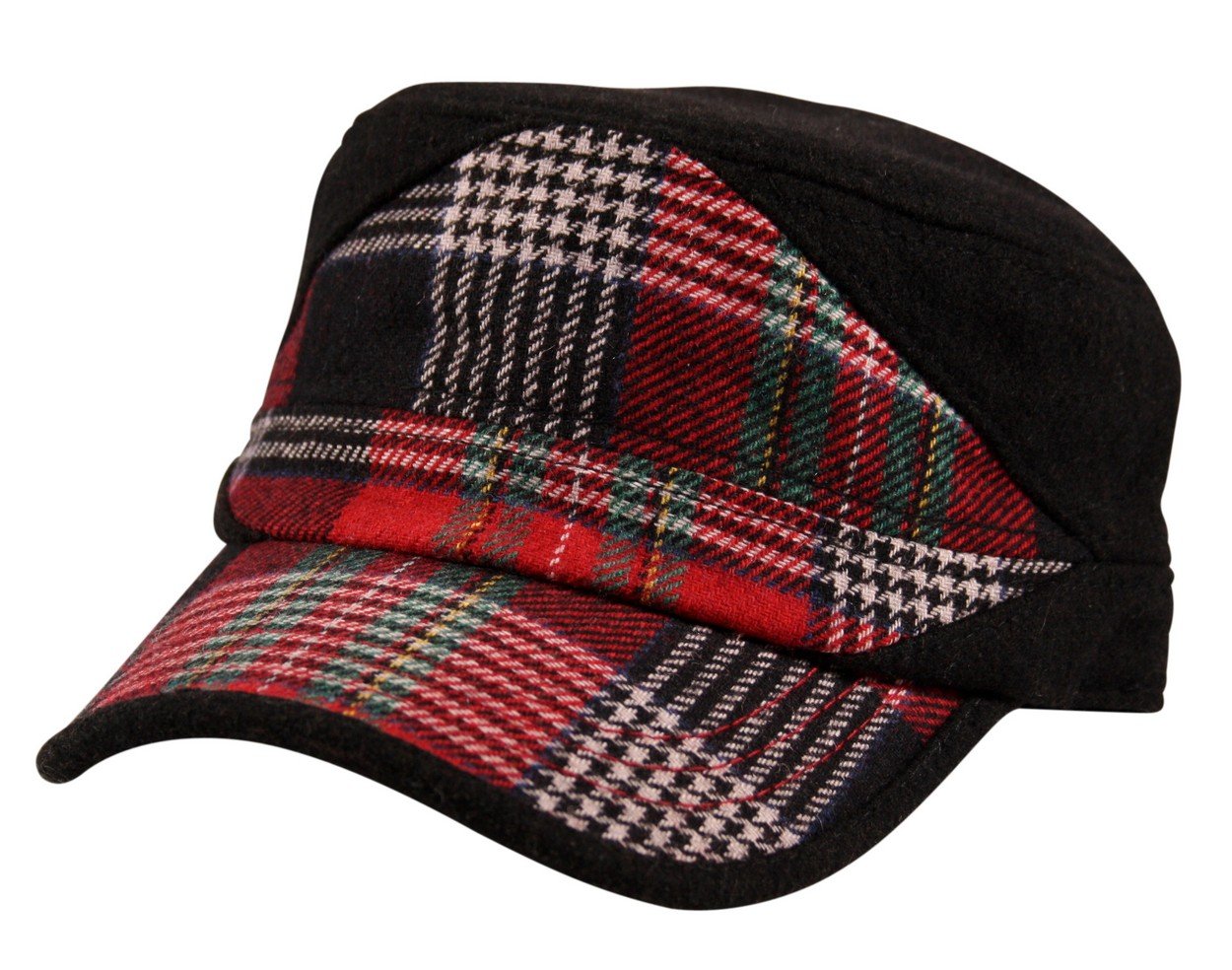 Itzu Men's Army Military Cap Country Houndstooth Tweed Tartan Check Peak Cadet Wool Mix Black Red