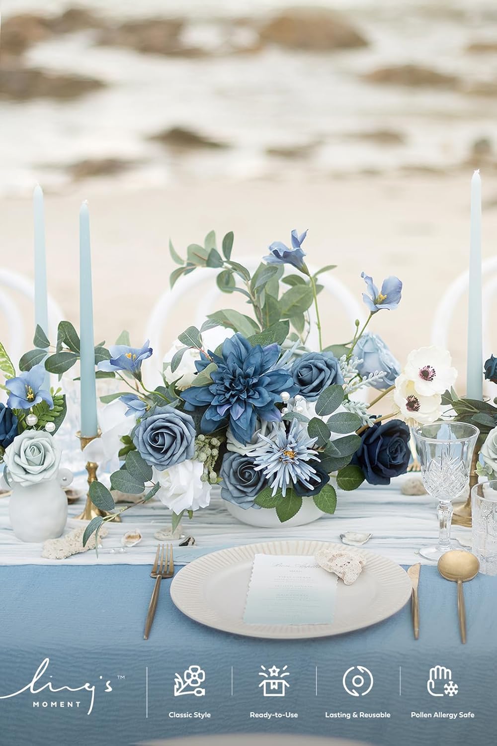 Ling's moment Fake Flowers Box, Faux Artificial Greenery Stems Foam Roses Silk Dahlia Fabic Flower for Centerpieces Bouquet Wedding Vase Floral Arrangement Decorations, Dusty Blue & Navy, Grand Combo