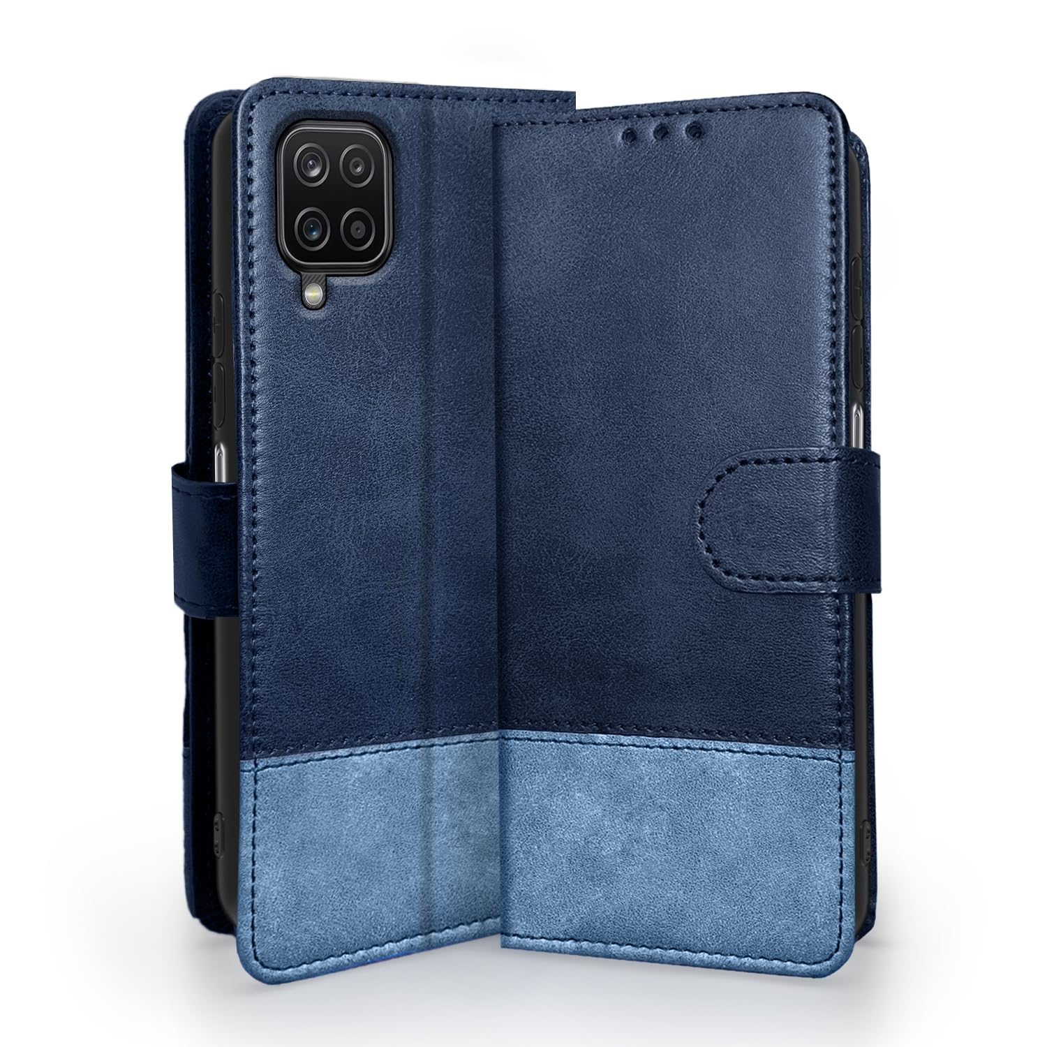 Pikkme Samsung Galaxy M12 / F12 / A12 Flip Cover | Dual-Tone PU Leather Finish | Wallet Style & Stand | Magnetic Flip Case for Samsung Galaxy M12 / F12 / A12 (Navy & Light Blue)
