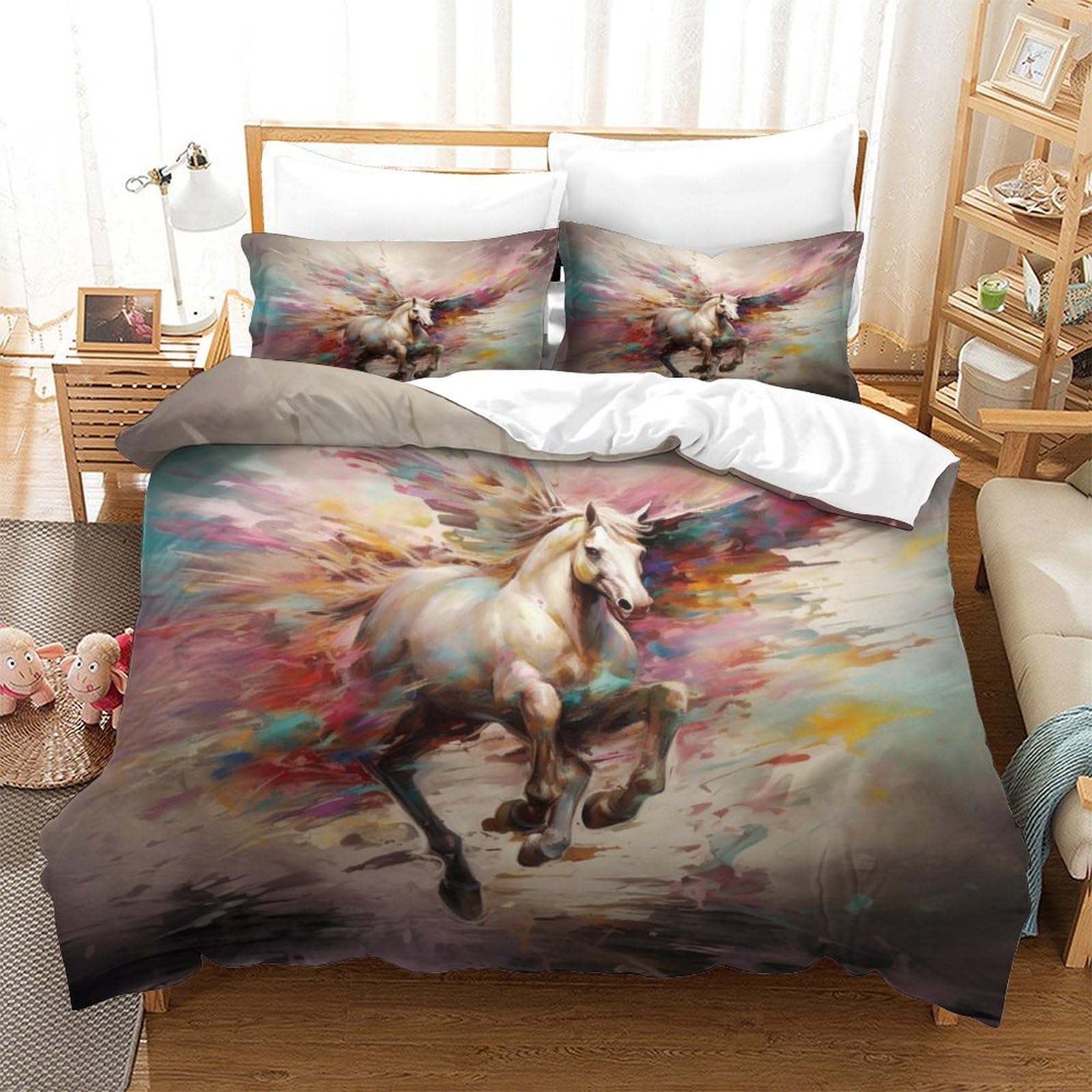 P1S9U7W5Y Artistic 3D Printed Unicorn 3pcs Microfiber Duvet Cover Set Fantasy Unicorn Bedding Set King