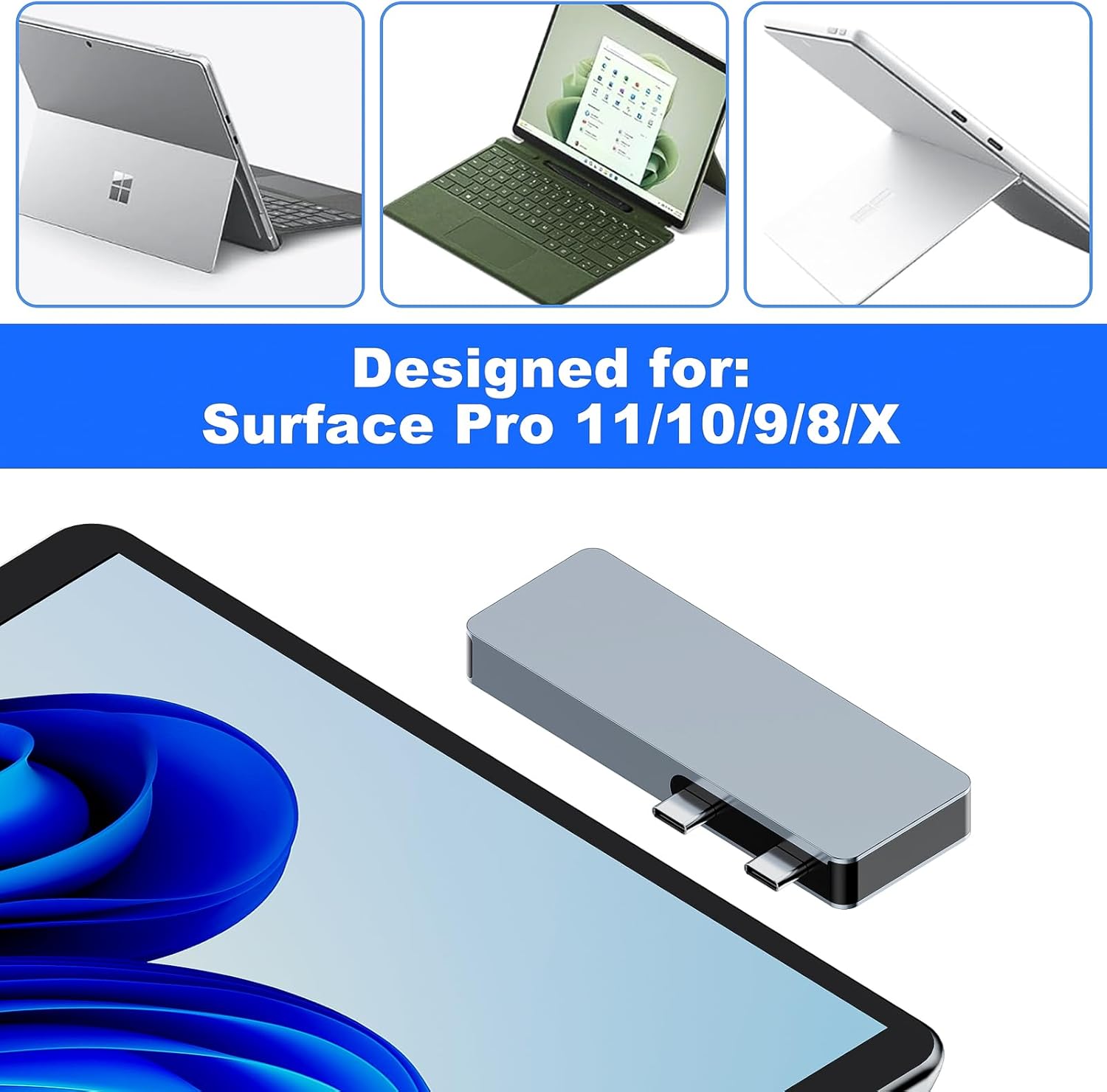 Surface Pro 11 Hub Adapter, Microsoft Surface Pro 9/10/11/X Docking Station with 4K HDMI, USB C Thunderbolt 4(8K Display+40Gbps Data+100W PD), USB 3.0/2.0 - USB C Hub Adapter for Surface Pro 11/10/9/X