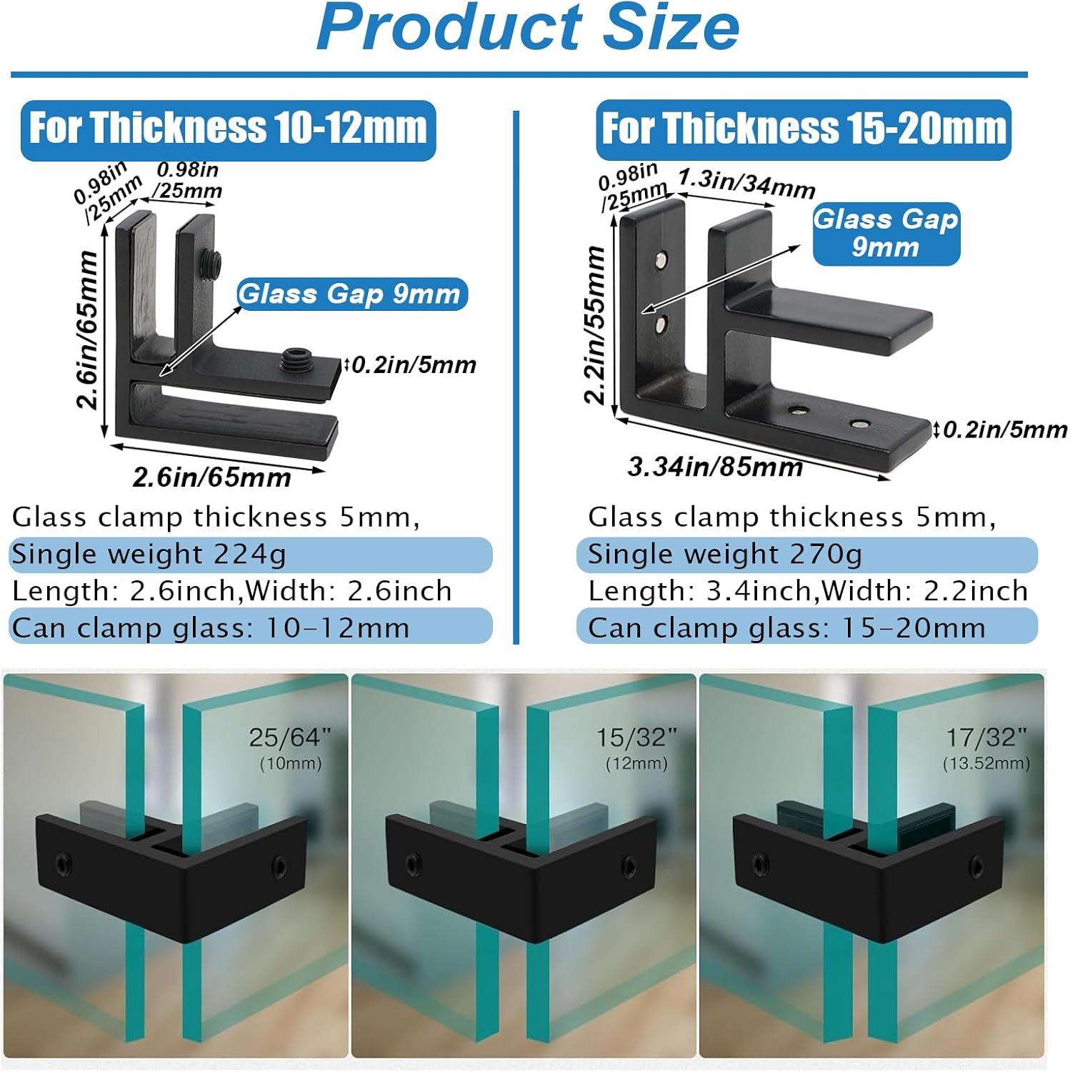 304 Marine Grade Railing Glass to Glass Clamp, L-Shape Stainless Steel Bracket for Balustrade, 90 Degree Railing Clip Holder for Pool Fence, Balustrade, Balcony Deck,Black,10to12mm