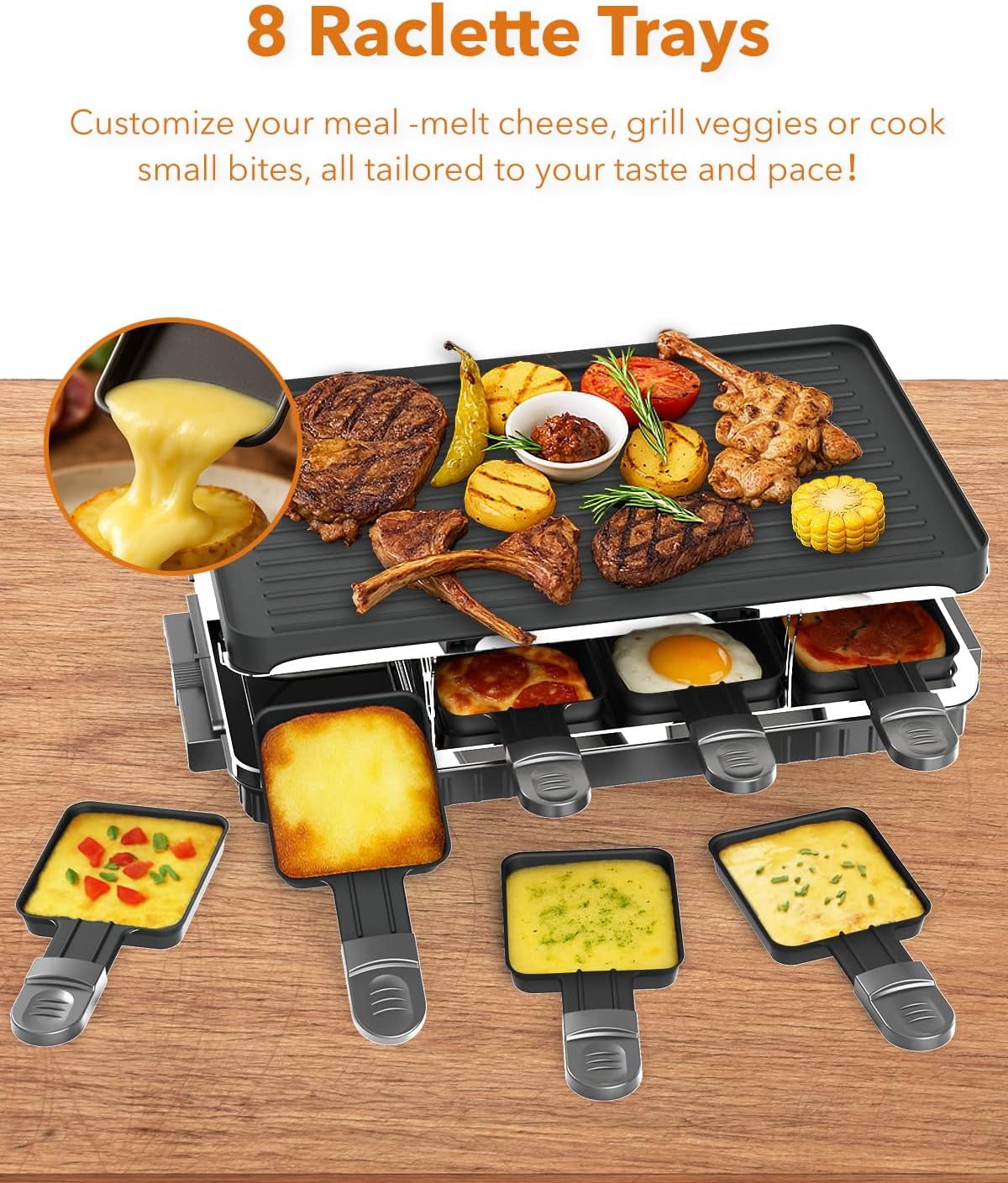 HBN Electric Raclette Table Grill with 8 Warming Trays, 2-in-1 Korean BBQ Grill & Electric Griddle Nonstick, Adjustable Temperature Control,1300W, Great for Indoor Family Gatherings, Parties & Dining