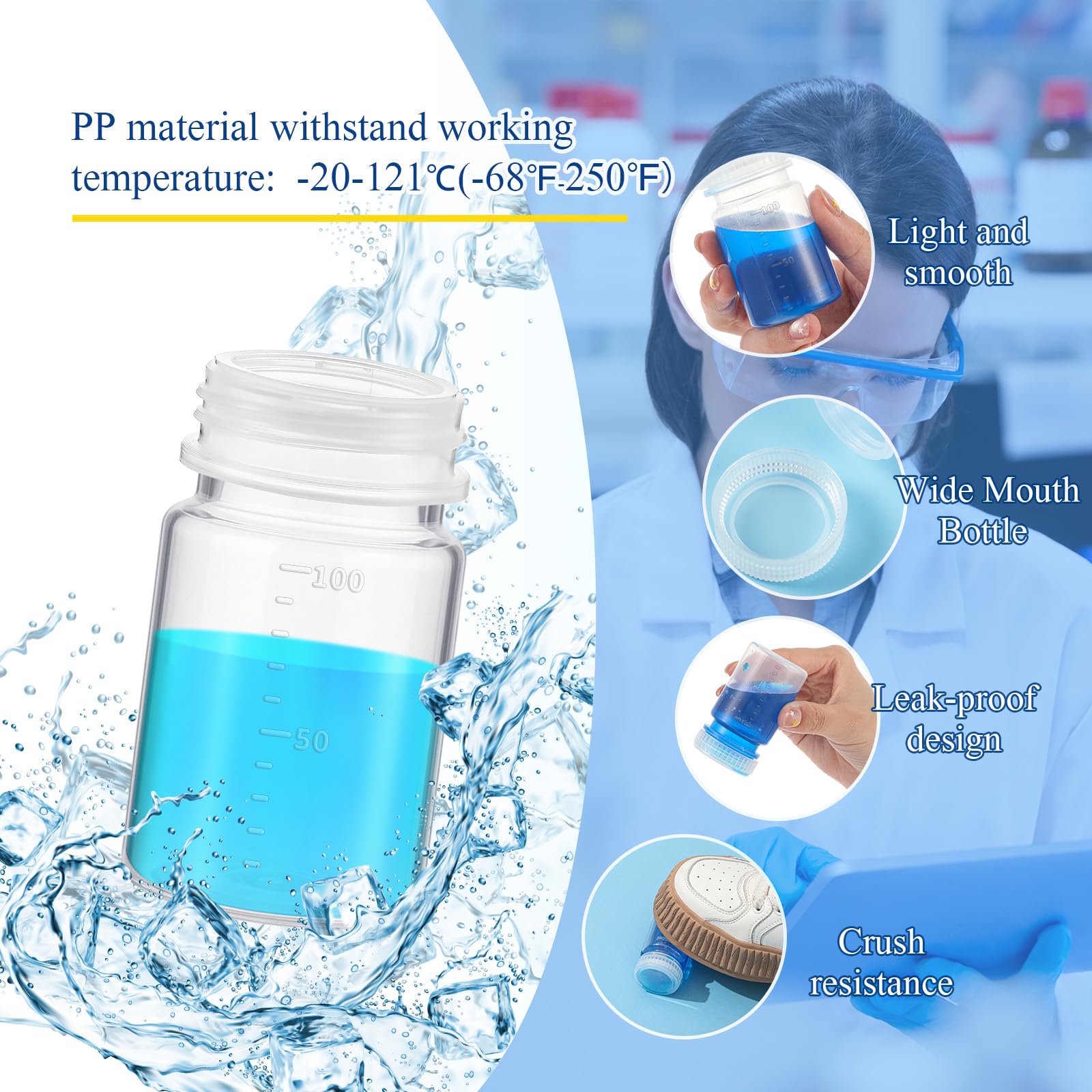 Tatuo Lot de 24 bouteilles en plastique à large goulot avec couvercles en polypropylène avec échelle pour voyage, échantillons, réactifs, pilules, médicaments, liquides