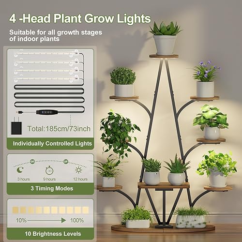 Miniatura 3 de Soporte para plantas de interior con luces de crecimiento, estante esquinero en forma de árbol de 51 pulgadas de alto, estante de metal de 9 niveles