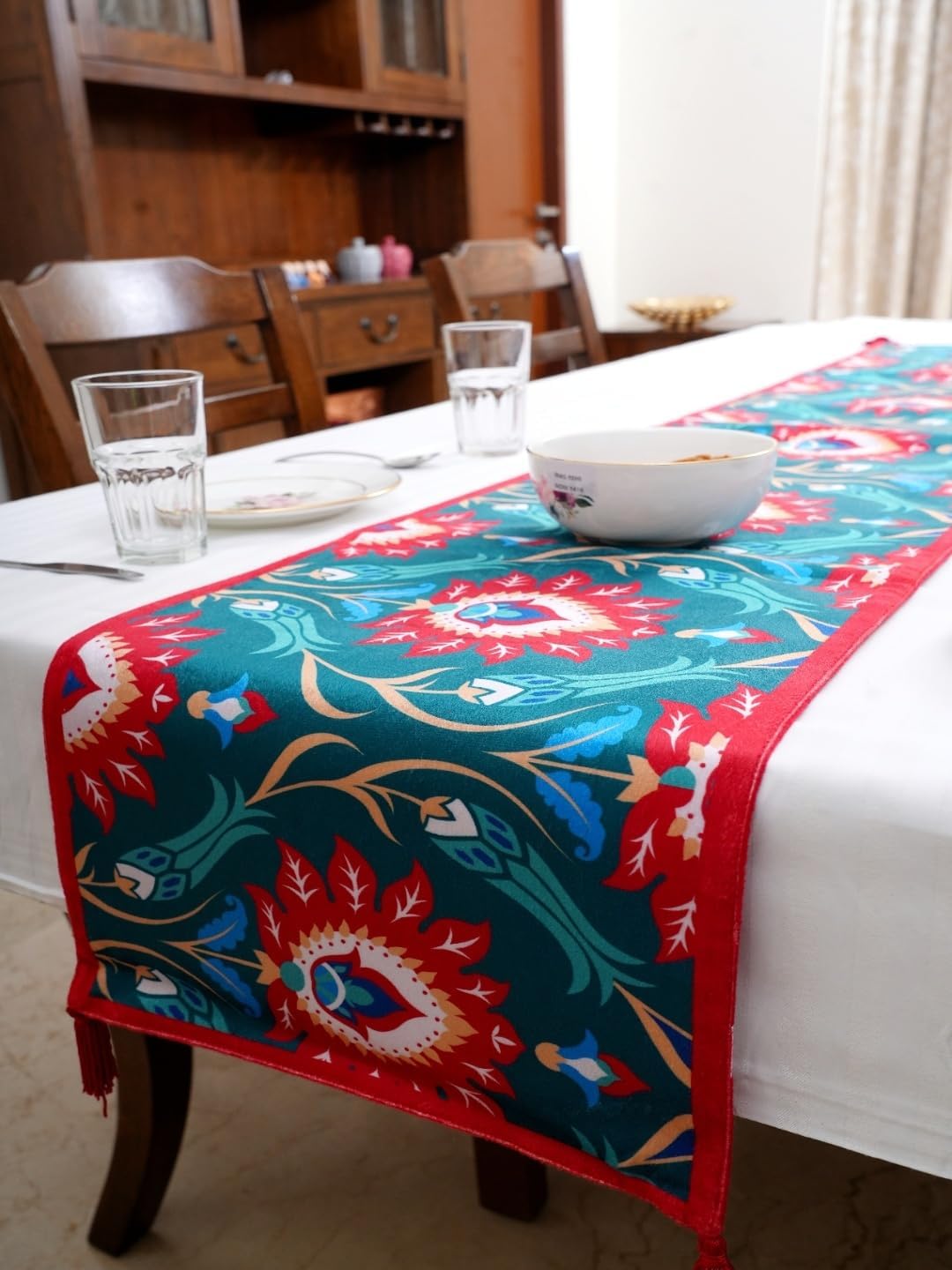 Homewards Palace Jharokha Table Runner with Tassels Size 32.5x180 cm in Velvet