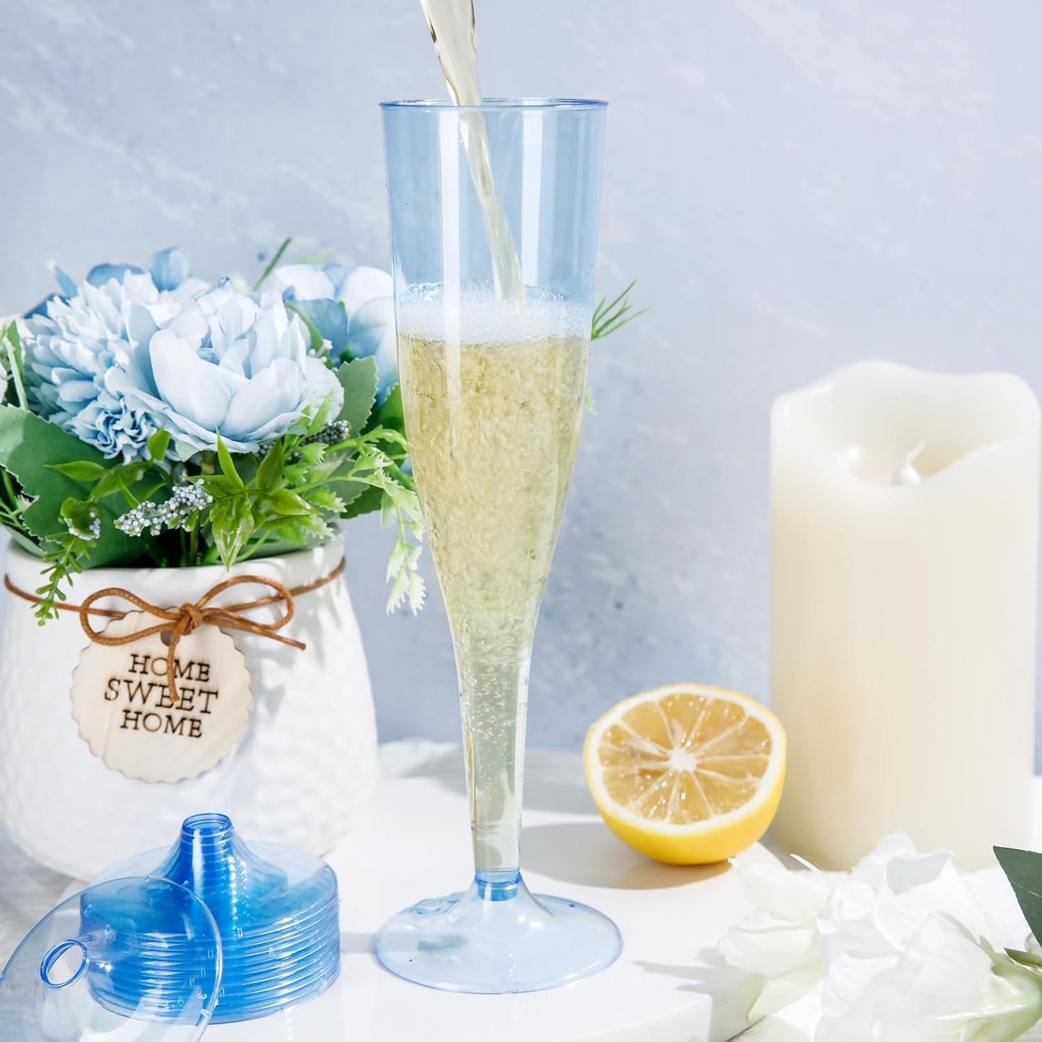 WDF 36 Pack Clear Blue Plastic Champagne Flutes - 7OZ Blue Champagne Flutes Plastic, Champagne Glasses Disposable for Party/Wedding/Birthday/Spring