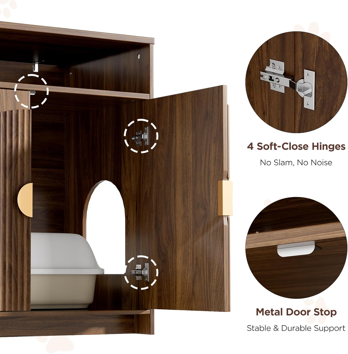 Cat Litter Box Enclosure, Cat Litter Box Furniture with Storage, Modern Fluted Arched Hidden Litter Box with Dual Entry, Waterproof Cat Box Enclosure, Side Table, Walnut