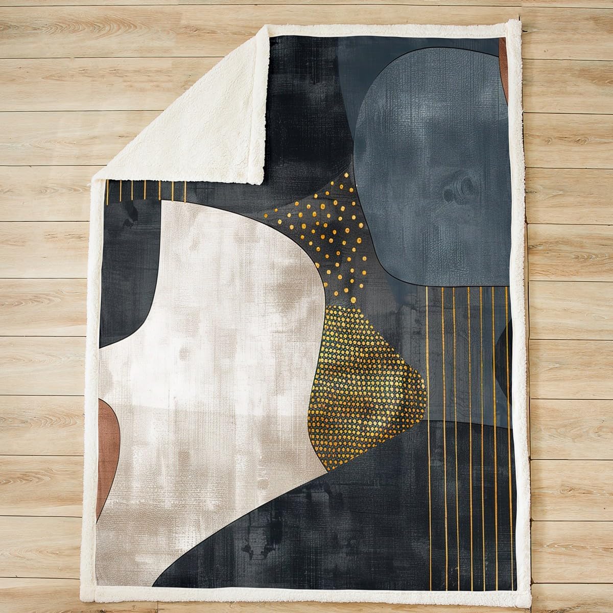 Castle Fairy Abstract Art Throw Blanket,Dark Blue Gold Polka Dots Lines Printed Blankets,Modern Geometric Fleece Blanket for Kids Women Men Room Decor,Retro Boho Sherpa Blanket,for Chair/Sofa,30"×40" image 2
