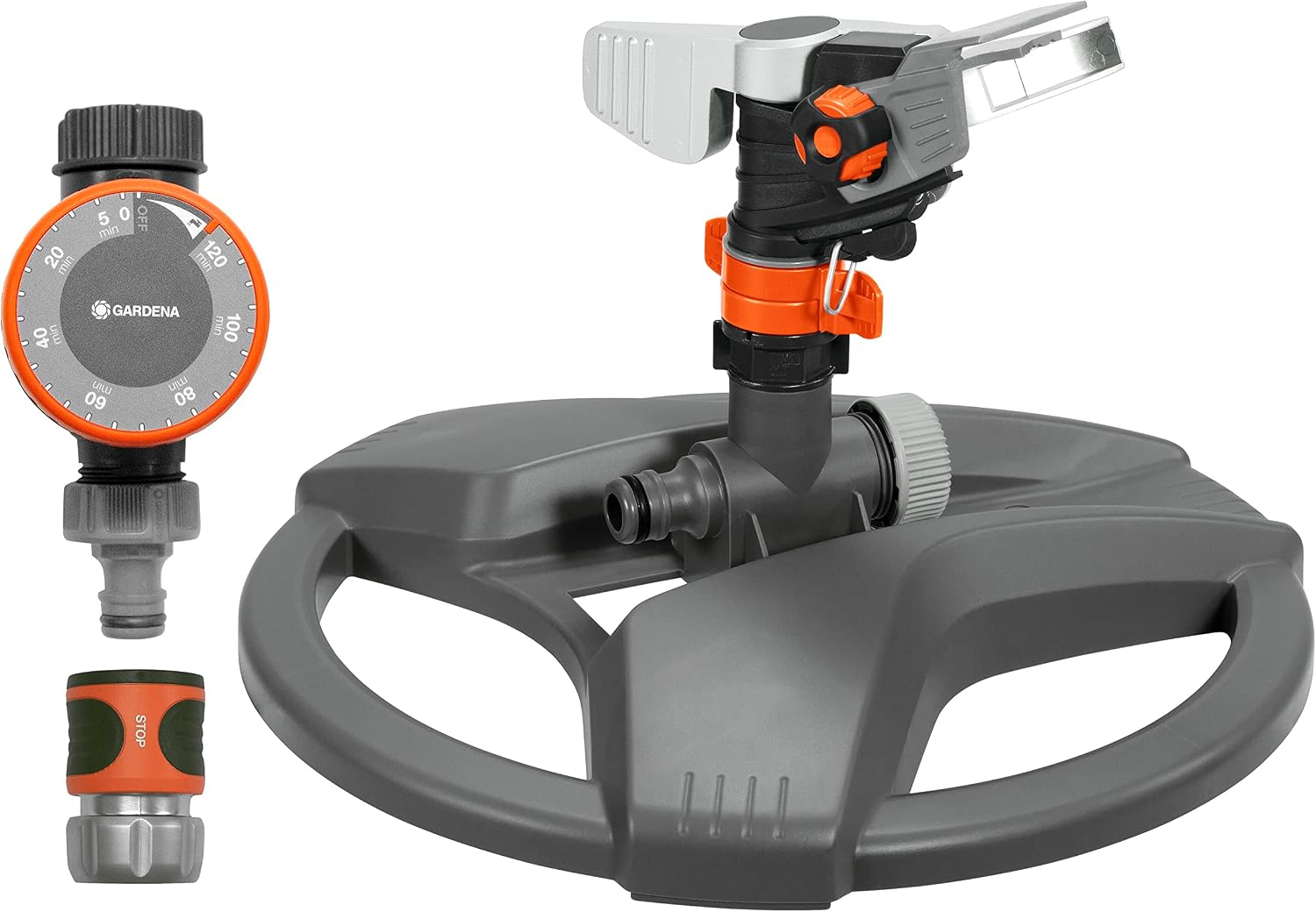 Gardena 69-8135 Metal Pulse Sprinkler with Water Timer, 5,200 Sq. Ft. Coverage, Sturdy Weighted Base, Highly Adjustable