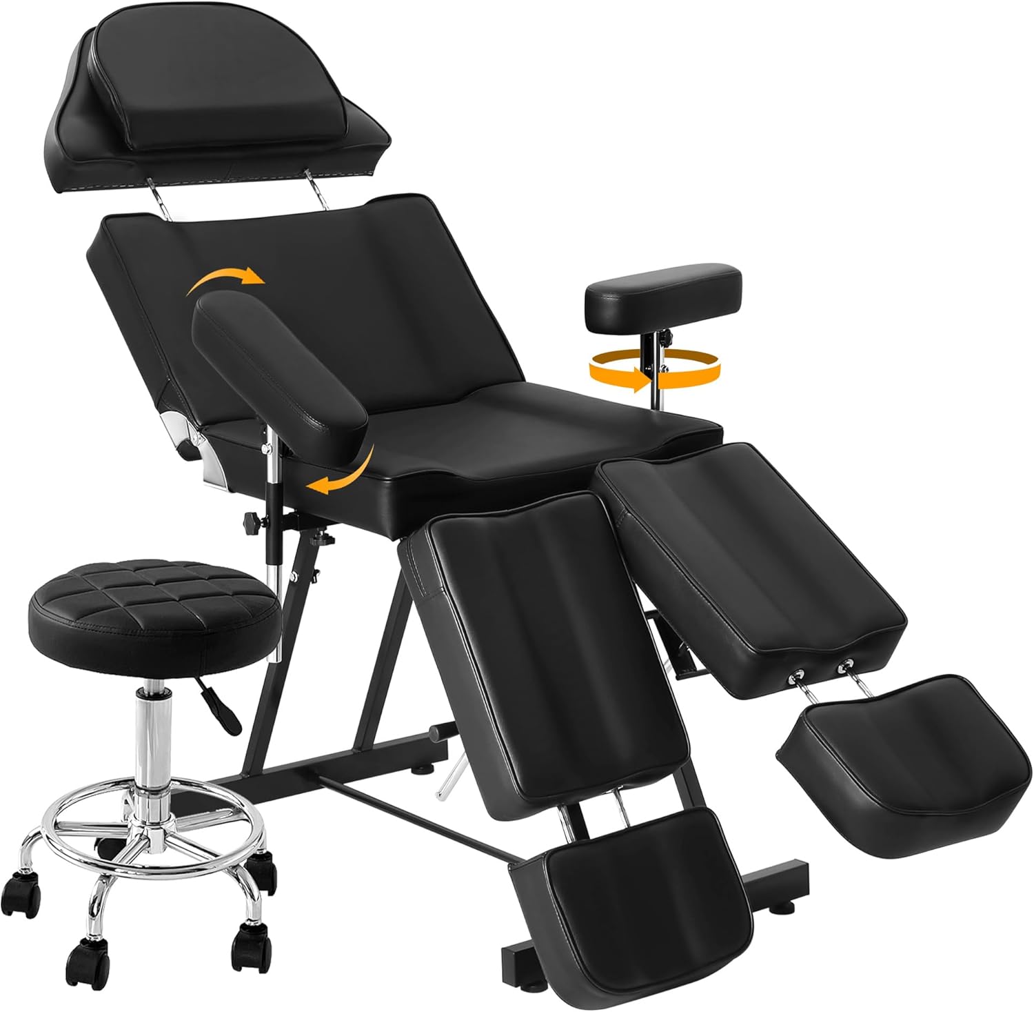 Tattoo Chair for Artist, Esthetician Facial Bed with Adjustable Armrests & Headrest, Split Legs Design Professional Tilting Massage Table with Stool for Eyelashes Spa Tattoo Studio, 440lbs, Black