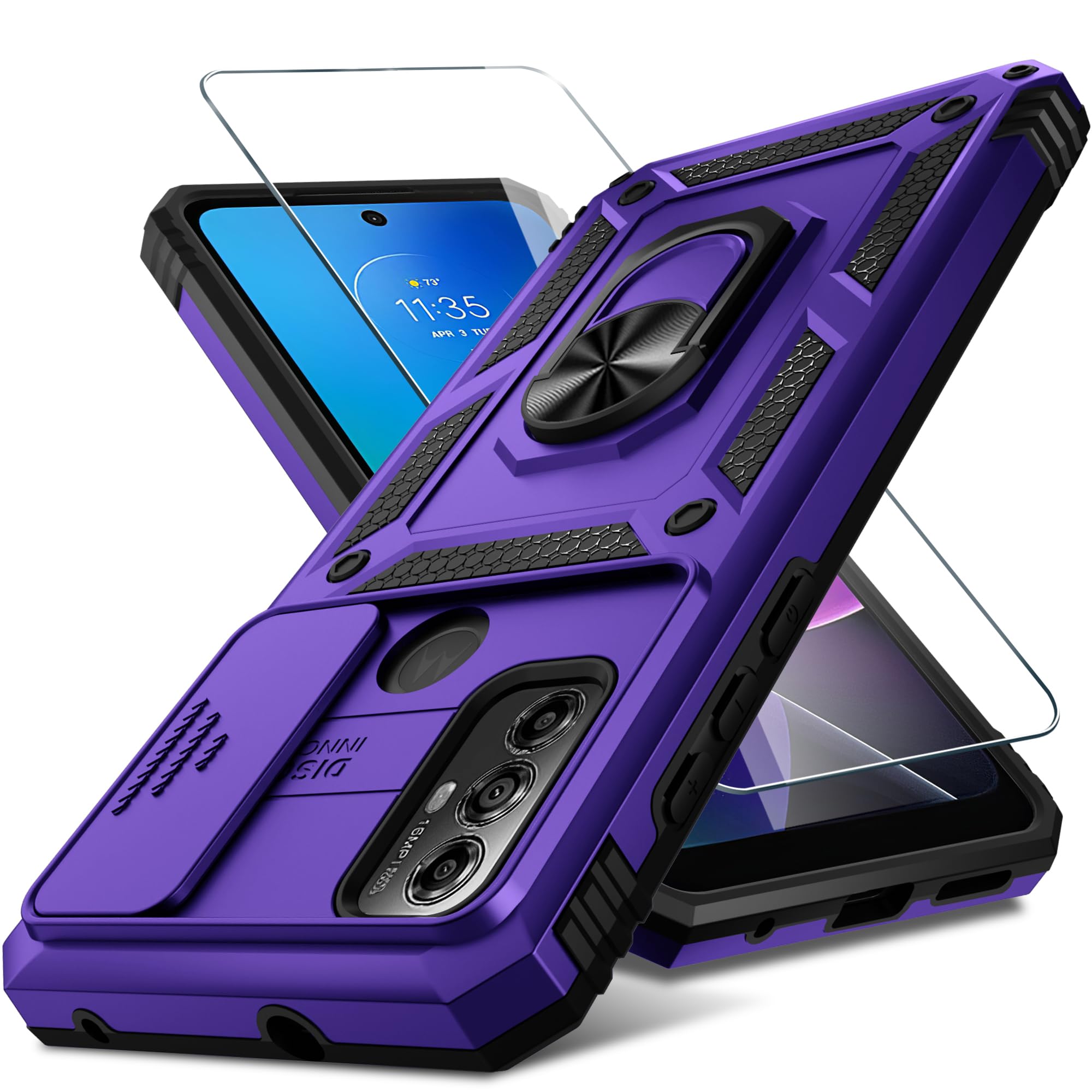 Janmitta Compatible with Moto G Play 2023,G Power 2022/G Pure Case Built in Slide Camera Lens Cover+Screen Protector+Ring Holder,Heavy Duty Shockproof Full Body Phone Cover,Purple