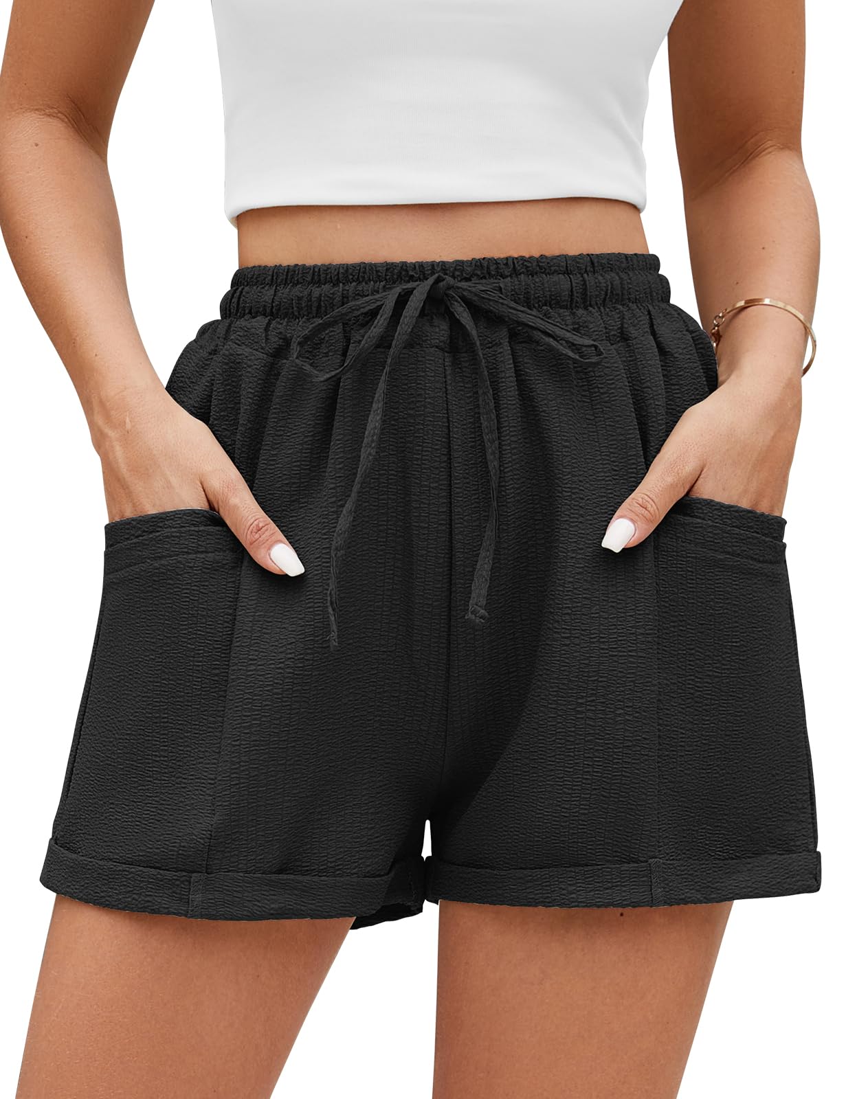 PASUDA Pantaloncini Donna Estivi Casual Vita Alta Pantaloni con Coulisse Pantaloncini Corti Leggero Larghi Tinta Unita Pantaloni Sportivi con Tasche