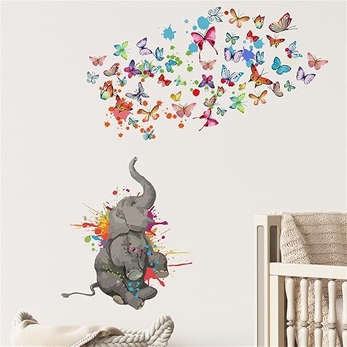 Miniatura 4 de Calcomanías de pared de animales, calcomanías de pared de elefante pintado de dibujos animados, decoración de pared extraíble para decoración mural