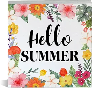 Floral Hello Summer Wooden Box Sign Colorful Flowers Wood Block Tabletop Sign Decorative Summer Desk Sign Home Office Shelf Decor 5 X 5 Inches