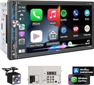 PLZ 7" Wireless Double Din Car Stereo with Apple CarPlay, Android Auto, Bluetooth 5.3, 240W 4.2CH, Backup Camera, SWC