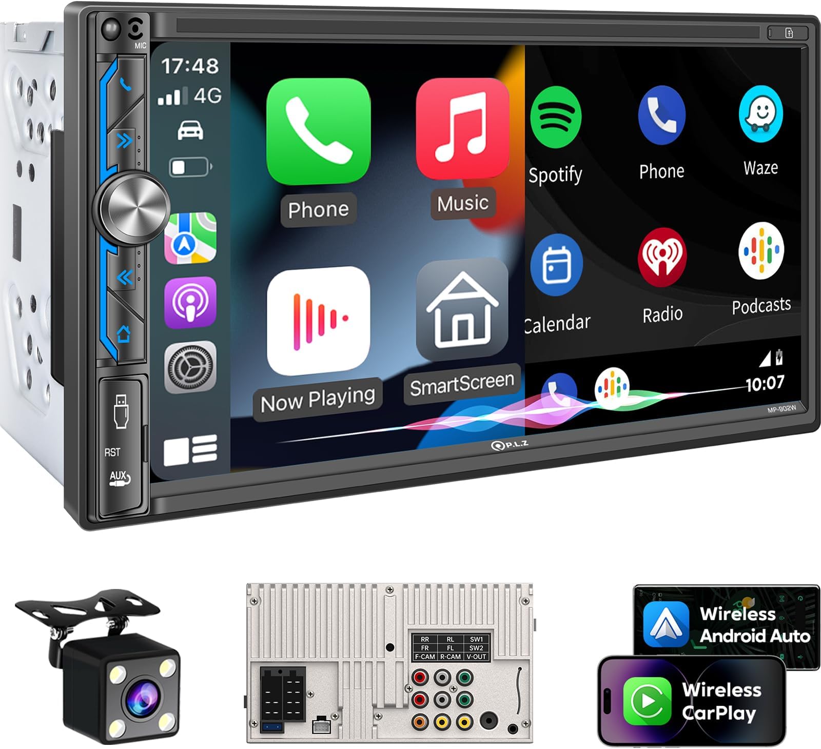 PLZ 7" Wireless Double Din Car Stereo Apple Carplay Radio Screen for Car Audio Receivers, Bluetooth 5.3 Car Play Android Auto Touchscreen, 240W 4.2 CHN 2 Subwoofers Outputs, Backup Camera, SWC, FM/AM