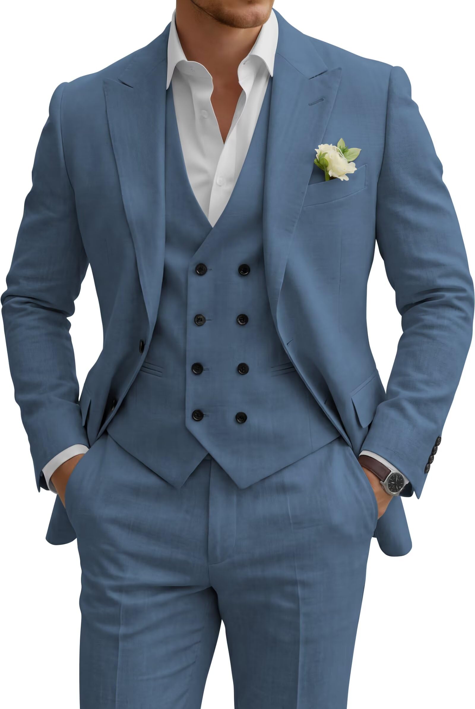 Linen Suit for Men 3 Piece Retro Linen Suit Casual Beach Wedding Summer Formal Wear Blazer Jacket Vest Pants