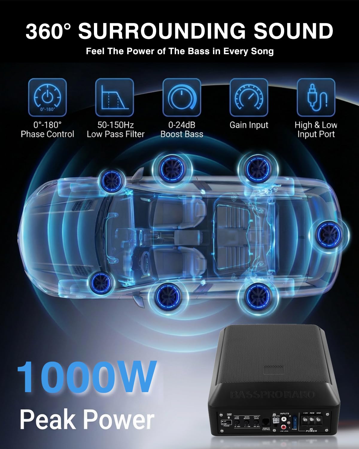 Caisson de Basse pour Voiture, Subwoofer Alimenté sous Le siège Ultra, Puissance Maximale de 1000W, Amplificateur Audio Intégré, Son Surround Stéréo, Subwoofer Compact de 10 Pouces, Noir