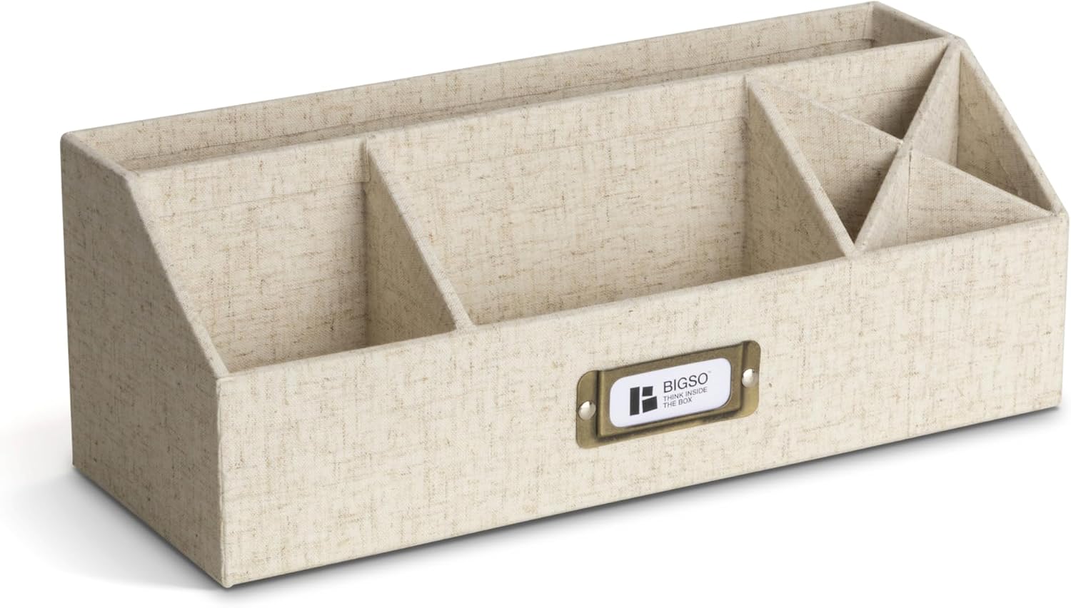 BIGSO ELISA Desk Organiser - Storage Box with 4 Compartments - Desk Tray for Notes, Paper Clips, Pens & Small Parts - Fibreboard and Paper Sorting Box - Linen