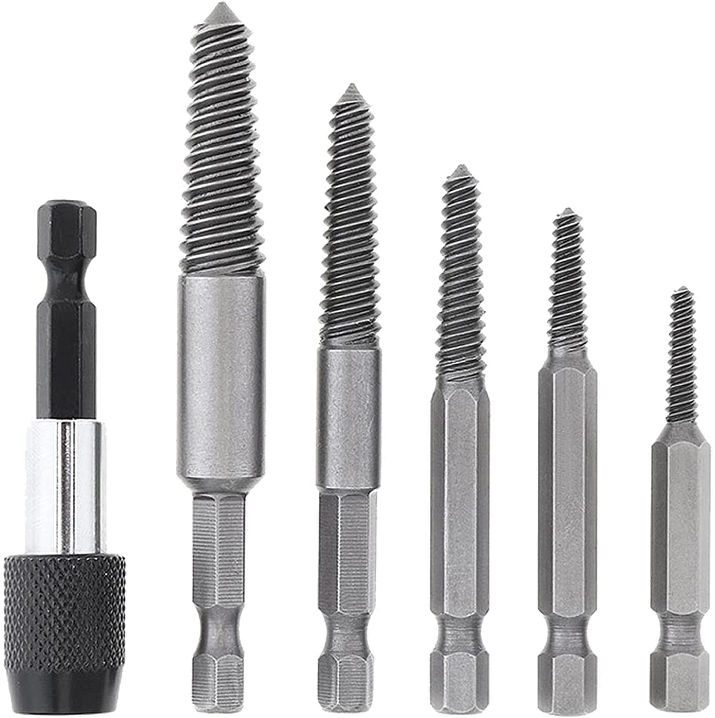 AASONS 6pcs/Set Screw Extractor Easy Out Broken Bolt Extractor Kit With Extension Screw Holder, Damaged Bolt Water Pipe Remover Set Power Drill Bit Tool Hex Shank And Spanner.