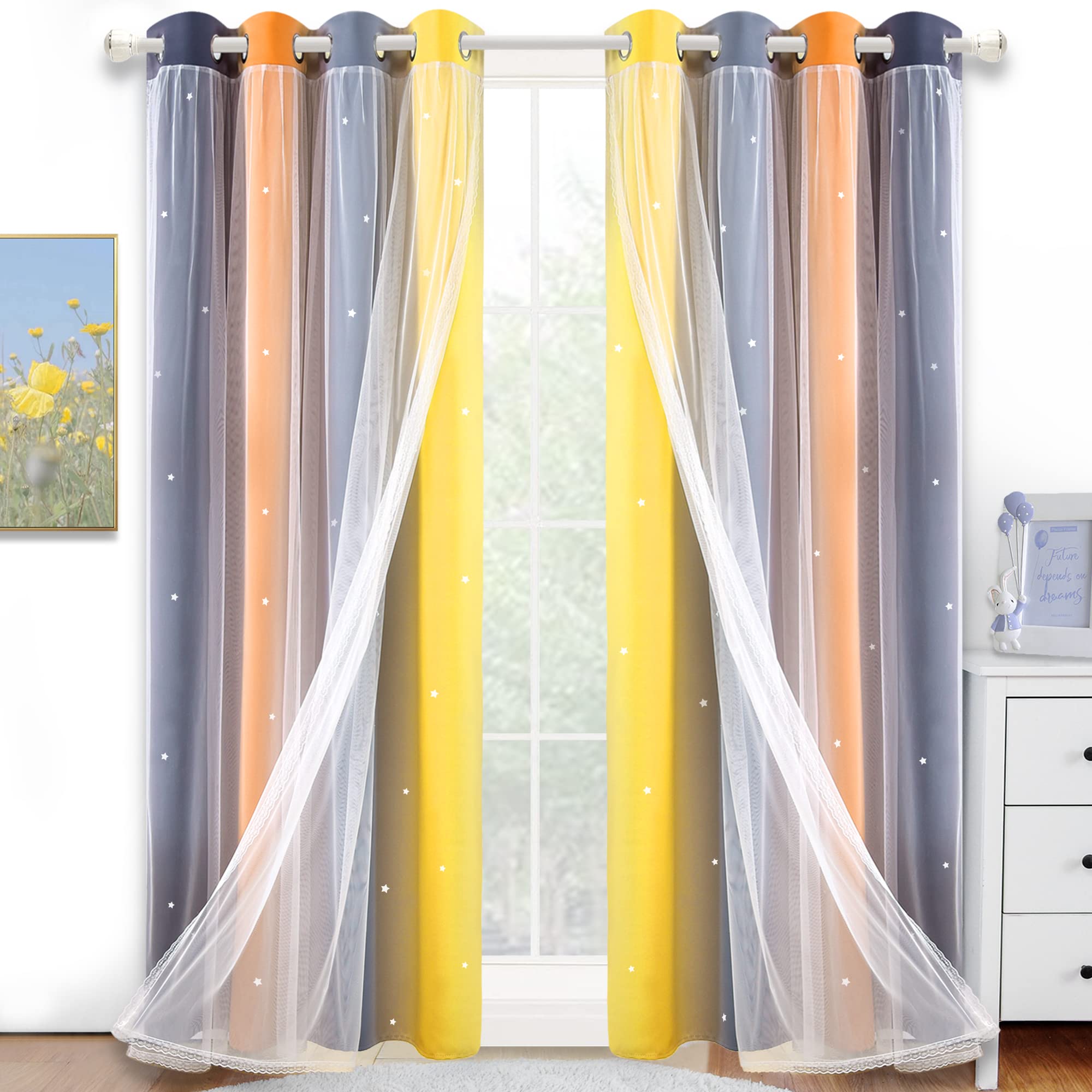 Kinryb Nursery/Kids/Girls Room Star Cut Out Blackout Rainbow Curtain with Sheer Overlay 2 Panels, Each 52 inch Wide,84 inch Length with White Gauze,Ombre Stripe Rainbow Curtains (2 Panels,52x84 Inch) — image 1