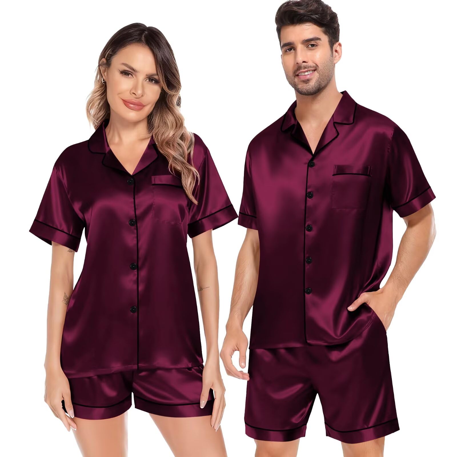 SWOMOG Satin Matching Pajamas Sets Couple Silk Button Down Nightwear Women &amp; Men Short Sleeve Sleepwear 2 Pieces Loungewear