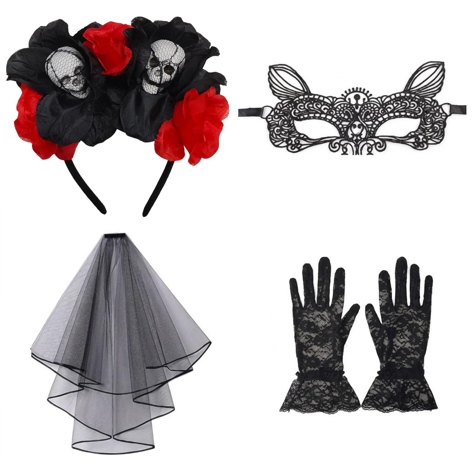 Day of the Dead Costumes for Women, 4Pcs Halloween Accessories - Gothic Skull Red Flower Headband, Black Veil, Lace Mask, Short Lace Gloves, Dia de los Muertos Costume for Halloween Party Props โ image 1