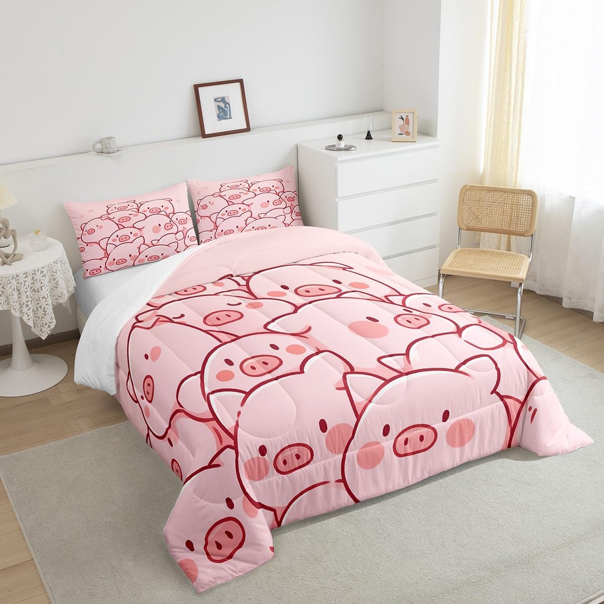 Erosebridal Kids Pig Bedding Sets Queen Lovely Cartoon Piggy Comforter Set,Girls Pink Duvet Insert Kawaii Farm Animal Quilt Comforter Girly Room Decorative,Microfiber 3 Piece for All Season