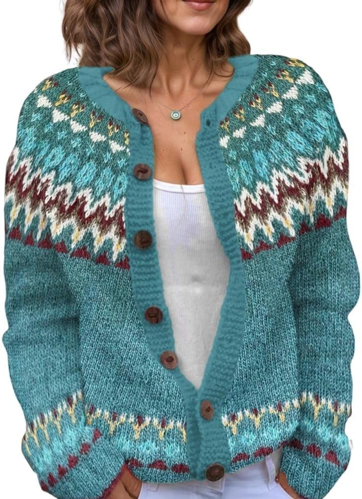 Women's Fair Isle Pattern Knit Cardigan Sweater Vintage Button Down Open Front Jacket Coat for Fall & Winter 2025