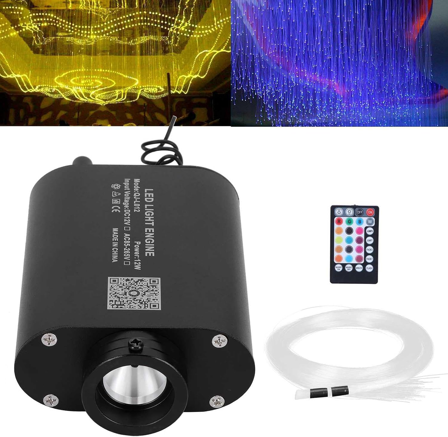 FTVOGUE Fiber Optic Light 12W RGBW Bluetooth APP Control Lamp Kit, 2m 300Pcs Optical Fiber Cable for Car Ceiling Home Decorative Lighting with Voice Remote Music Mode