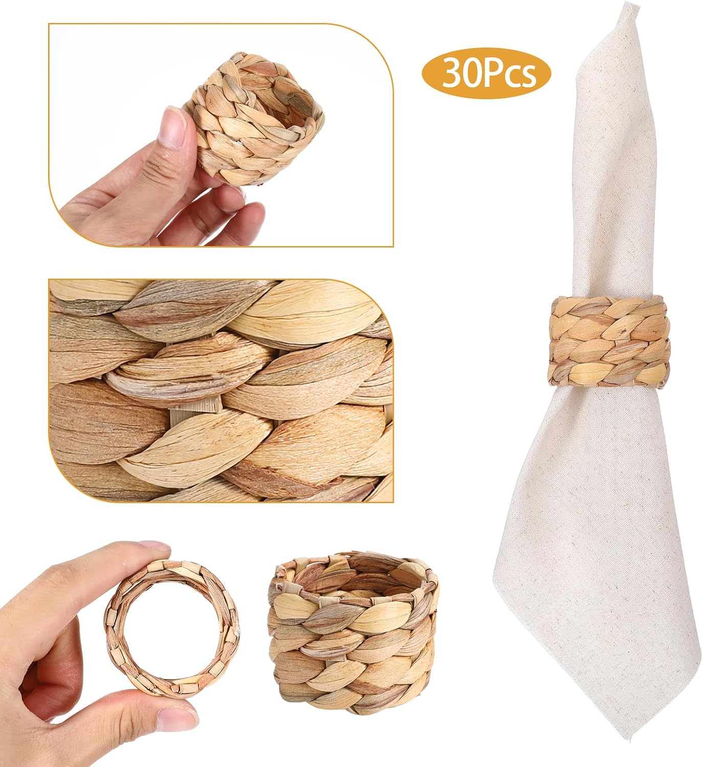 30 Pcs Woven Napkin Rings Set, Rustic Napkin Ring Holders for Farmhouse Table Decor, Natural Rattan Napkins Rings Bulk for Wedding, Thanksgiving, Christmas Dinner Party, 2.16 x 1.57 Inches