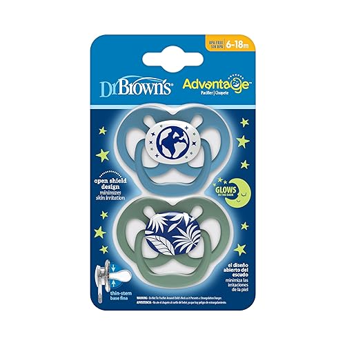 Miniatura 19 de Dr. Brown's Chupete Advantage de brillo en la oscuridad para bebé, chupete completamente simétrico con bulbo de silicona suave, Azul Natural-Morado