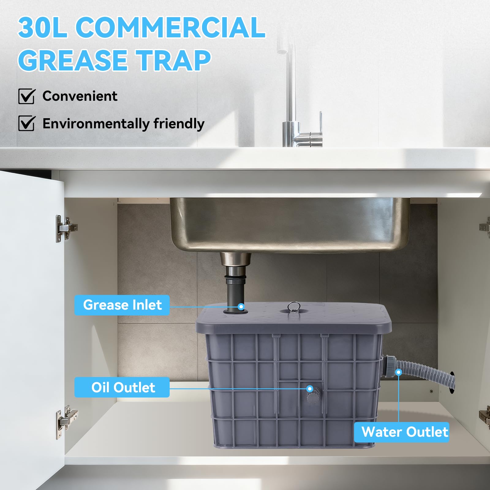 YUCHENGTECH Interceptor de Grasa Comercial 30L Separador de Grasa de PP Separador de Agua y Aceite Trampa de Grasa para Cocina, Cantina, Restaurante 46x35x30cm