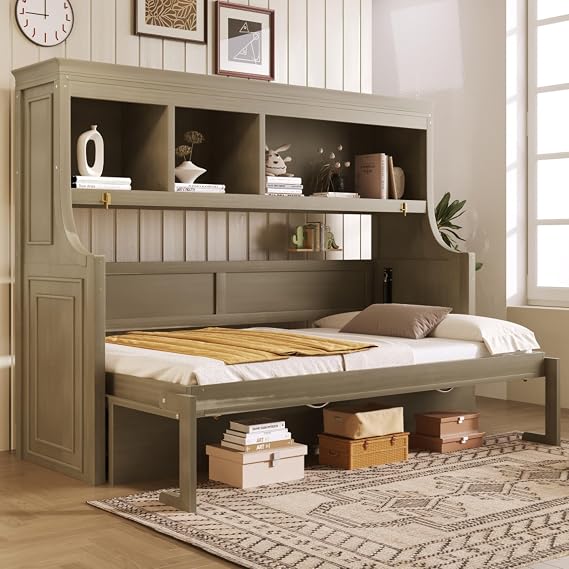 Twin Size Horizontal Murphy Wall Bed with Desk and Storage Shelves, Foldable Murphy Cabinet Bed with Storage Shelves, Space Saving, No Box Spring Needed, Gray