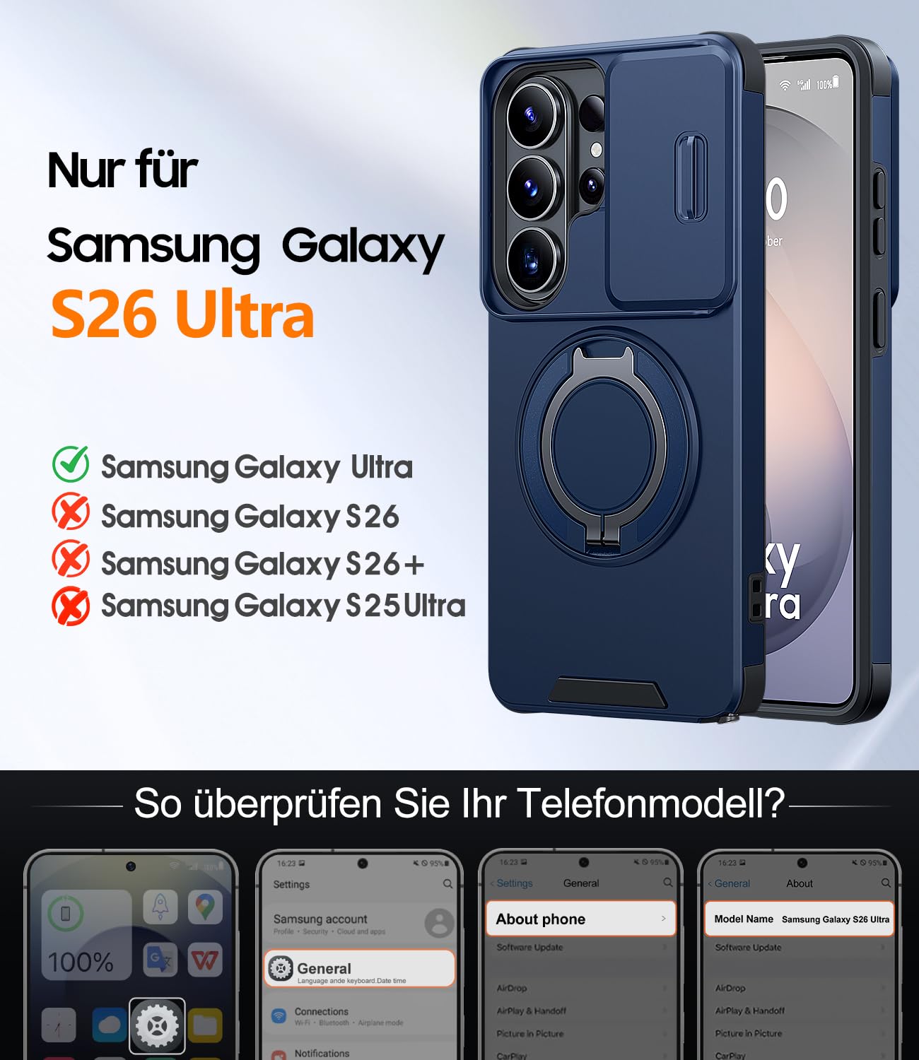 AOUIA für Samsung Galaxy S26 Ultra Hülle mit 2 Stück Panzerglas, Kameraschutz, 360° drehbarer Ringständer, Militärstandard Stoßschutz… – Ansicht 2