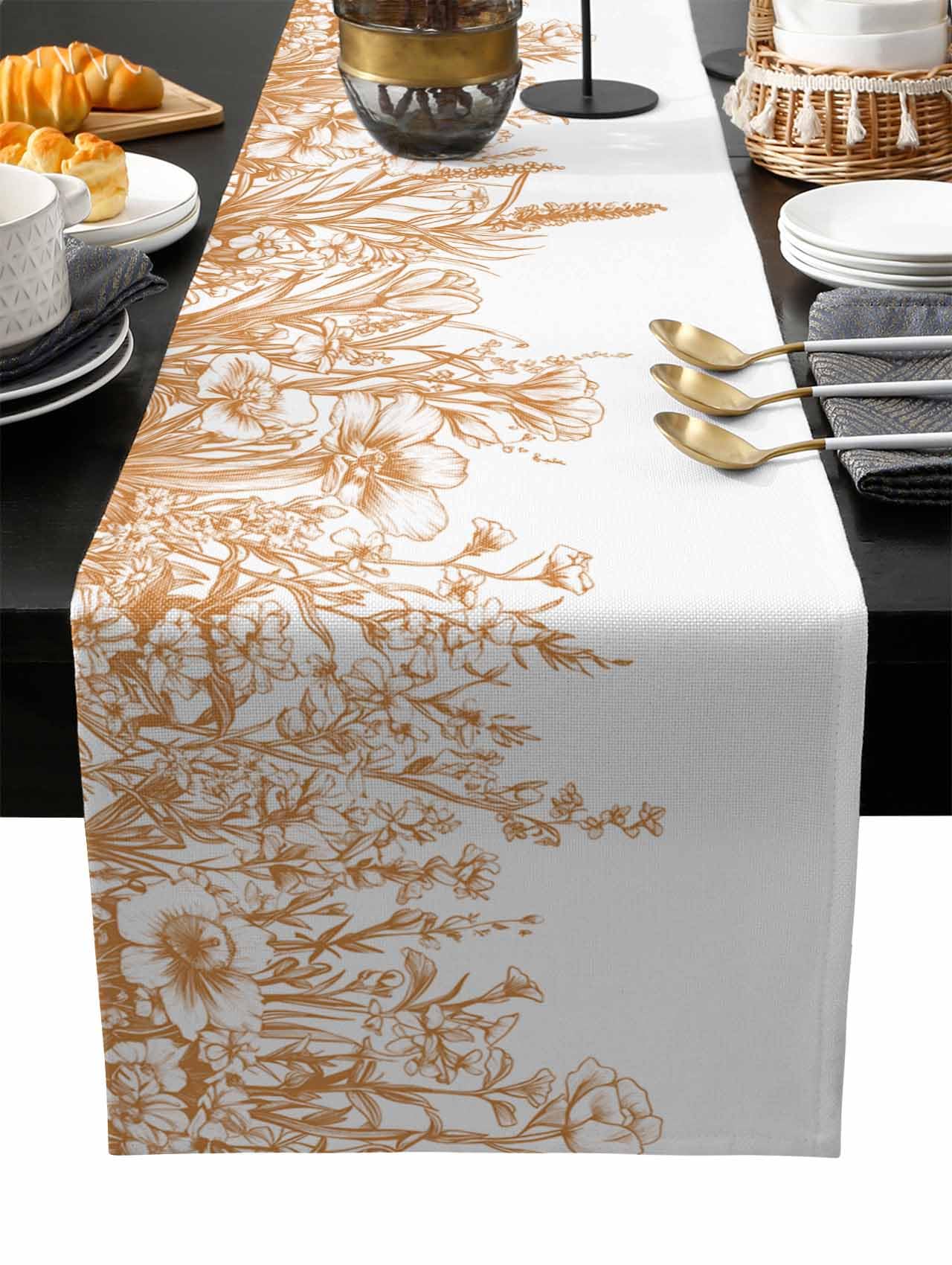 Brown Plants Table Runner 120 Inches Long for Dining Table Decor,Lavender Floral Spring Wildflower White Burlap Linen Farmhouse Table Runner Washable