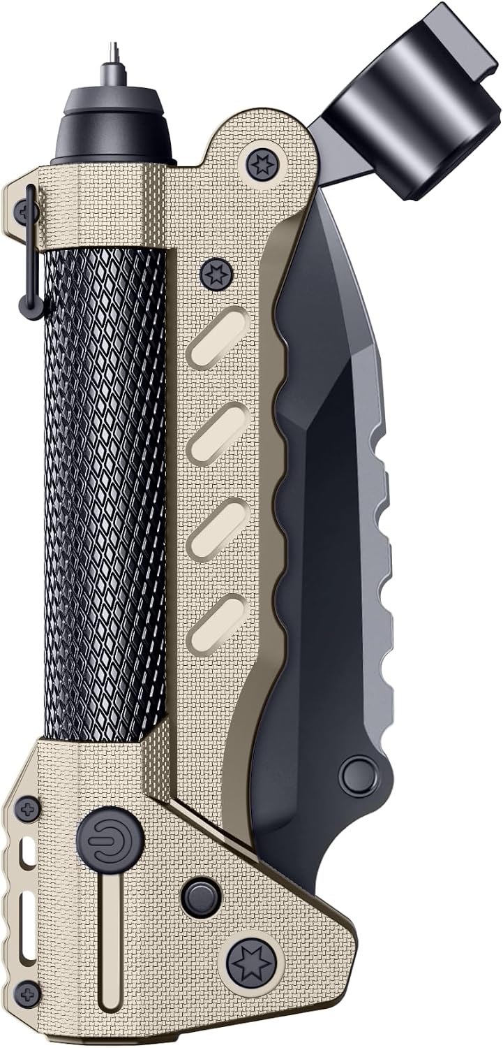 Kaito Voyager Survivor 3” Survival Knife with Crank Dynamo Arc Ignition Fire Starter Waterproof Handle Multi-Tool Design for Camping Emergency Self-Defense (Sand)