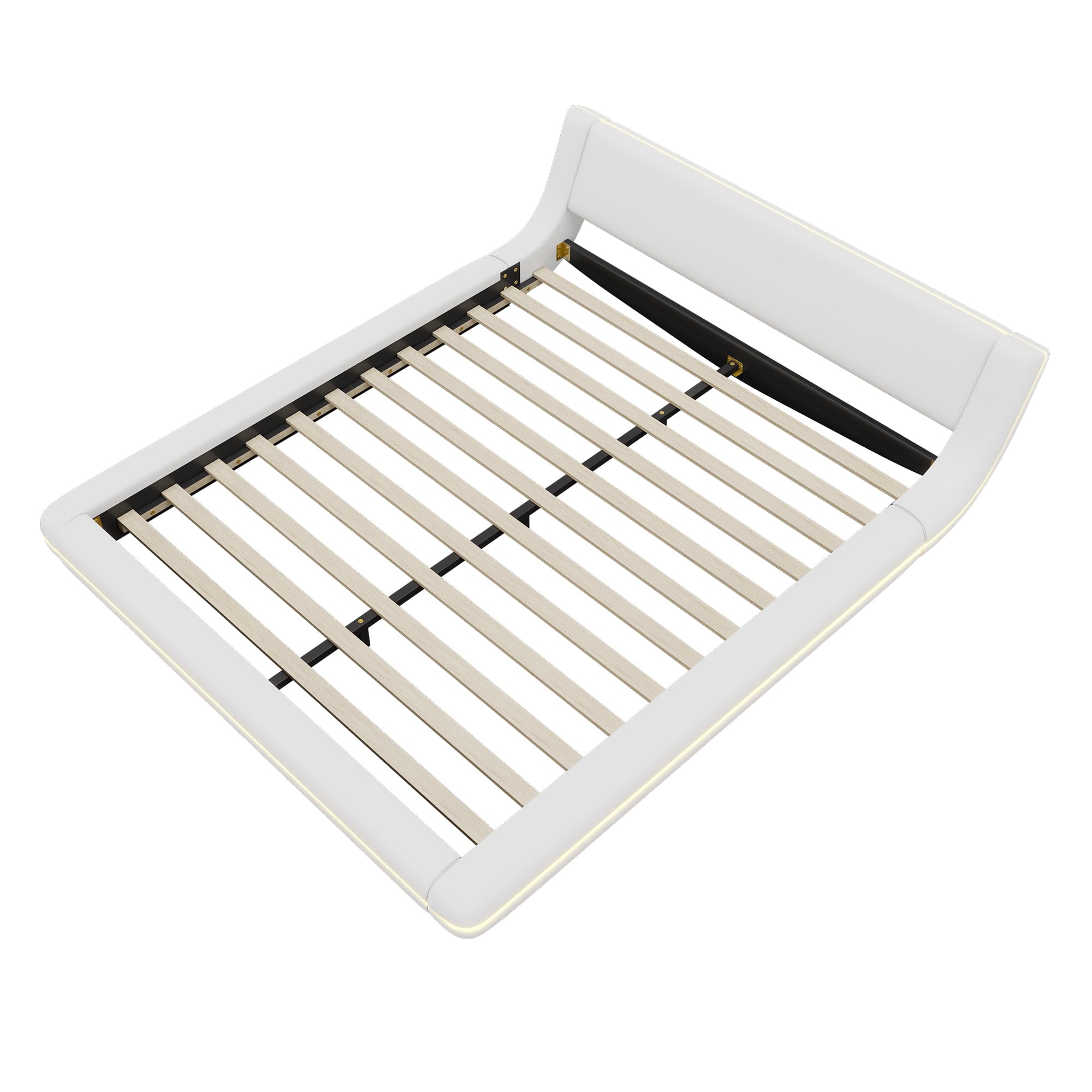 Rtopsu Letto Imbottito Letto Matrimoniale 160x200 cm, Letti con Illuminazione a LED, Letti da Terra Moderno con Rete in Metallo e Rete a Doghe in Legno, PU, Bianco, Senza Materasso